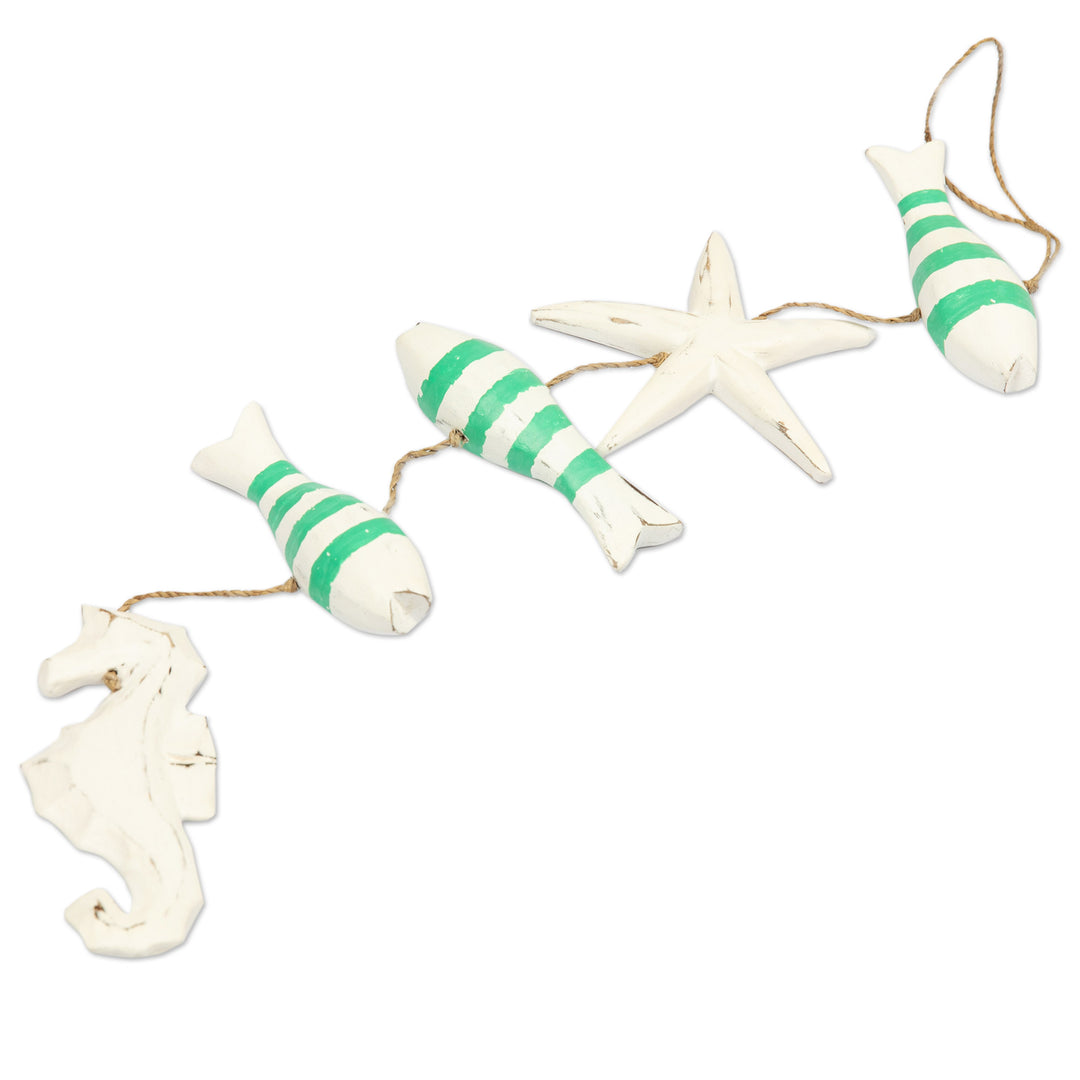 Handmade Marine-Themed White and Green Albesia Wood Mobile - Aquatic Realm in Green