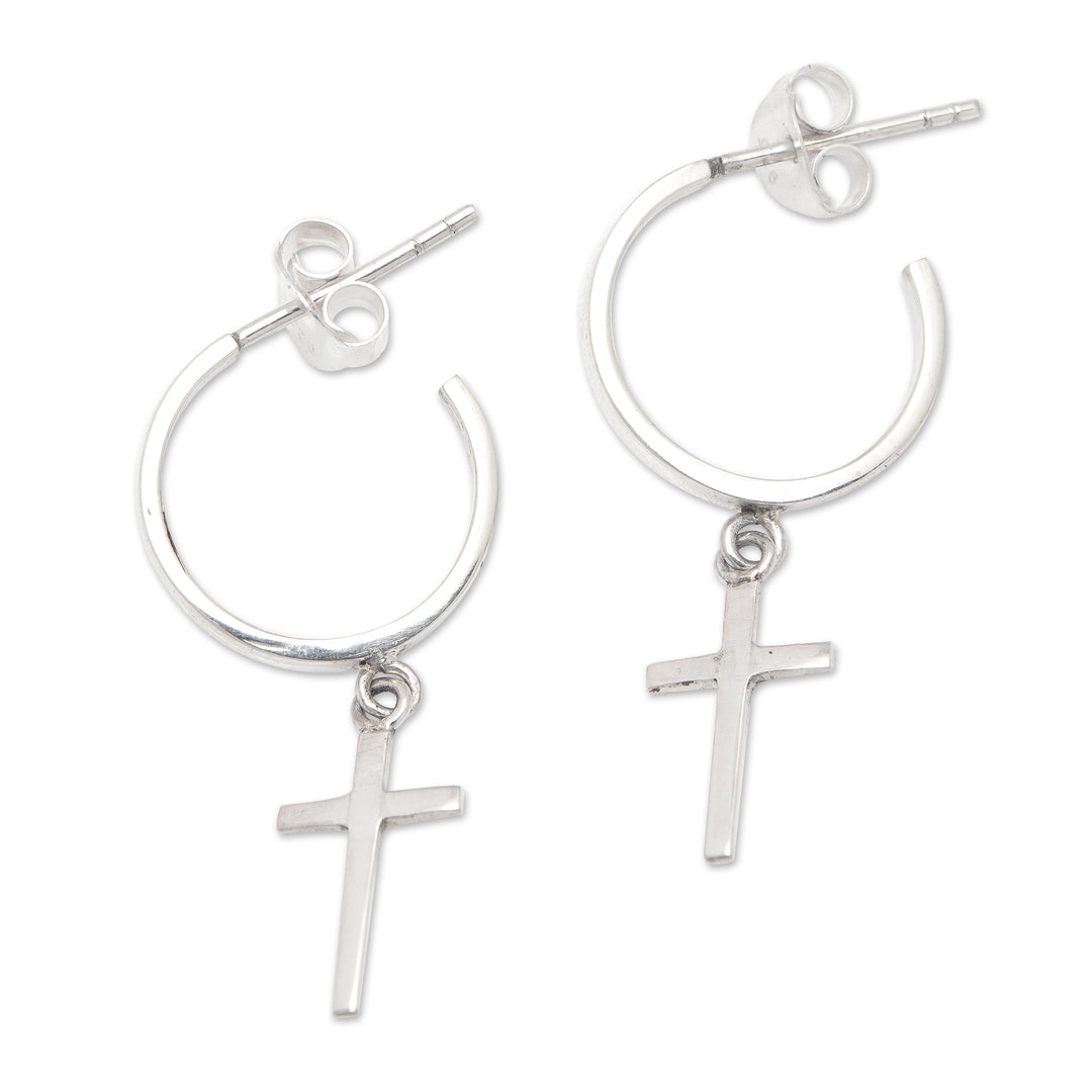 Cross-Themed Modern Sterling Silver Half-Hoop Earrings - Balance Cross