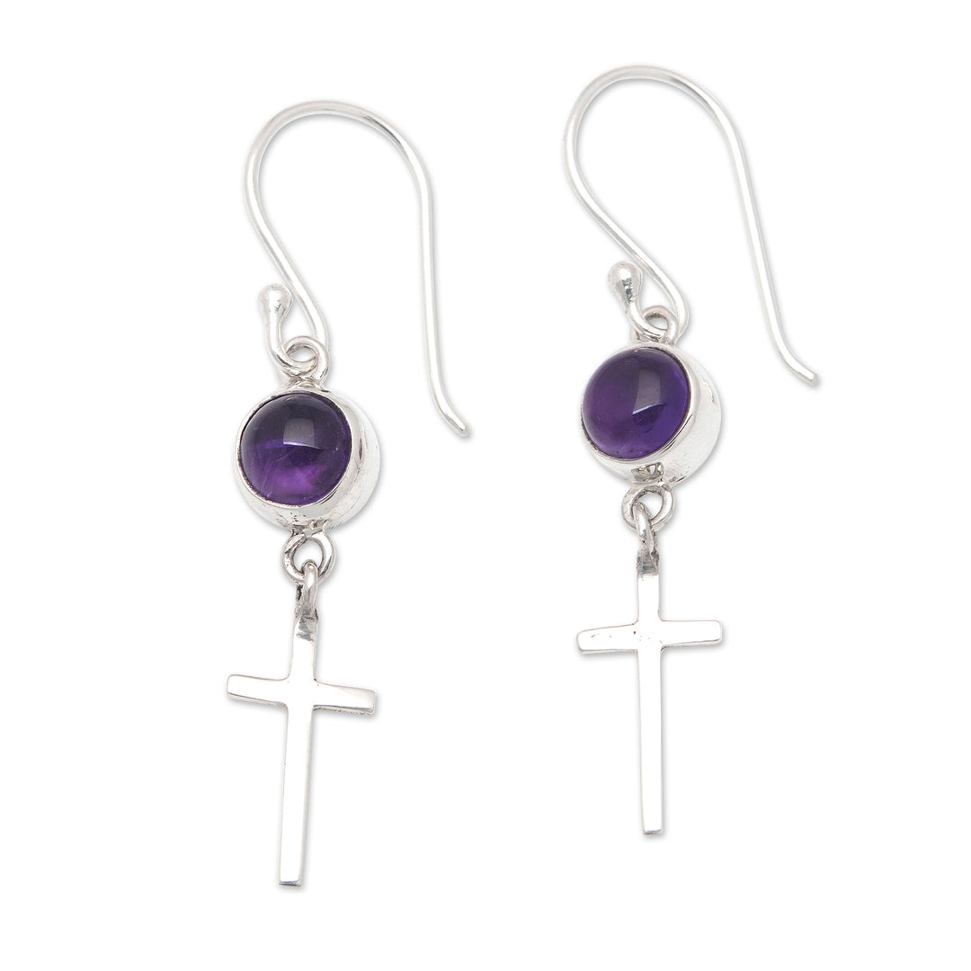 Polished Cross-Themed Amethyst Dangle Earrings from Bali - Heavenly Purple