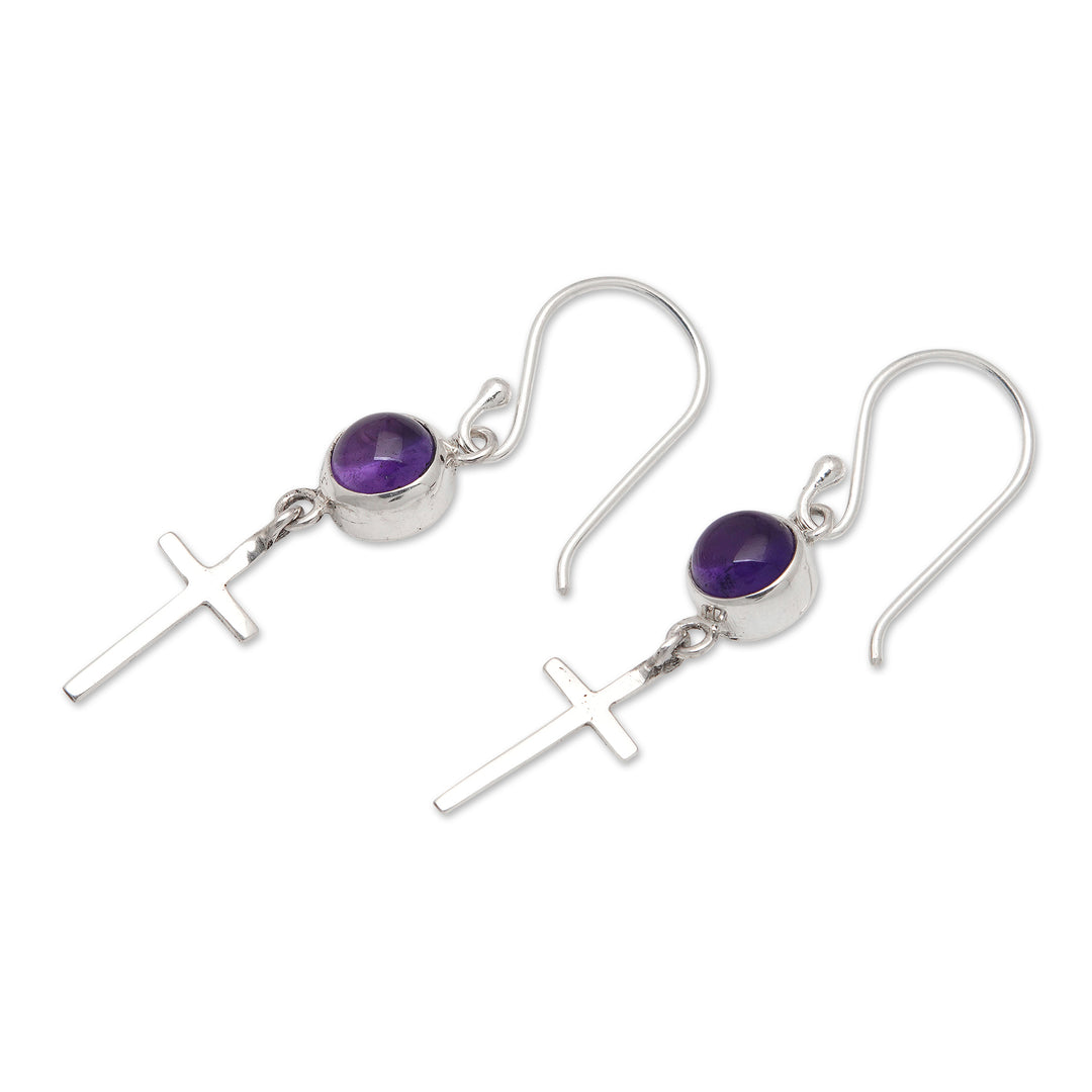 Polished Cross-Themed Amethyst Dangle Earrings from Bali - Heavenly Purple