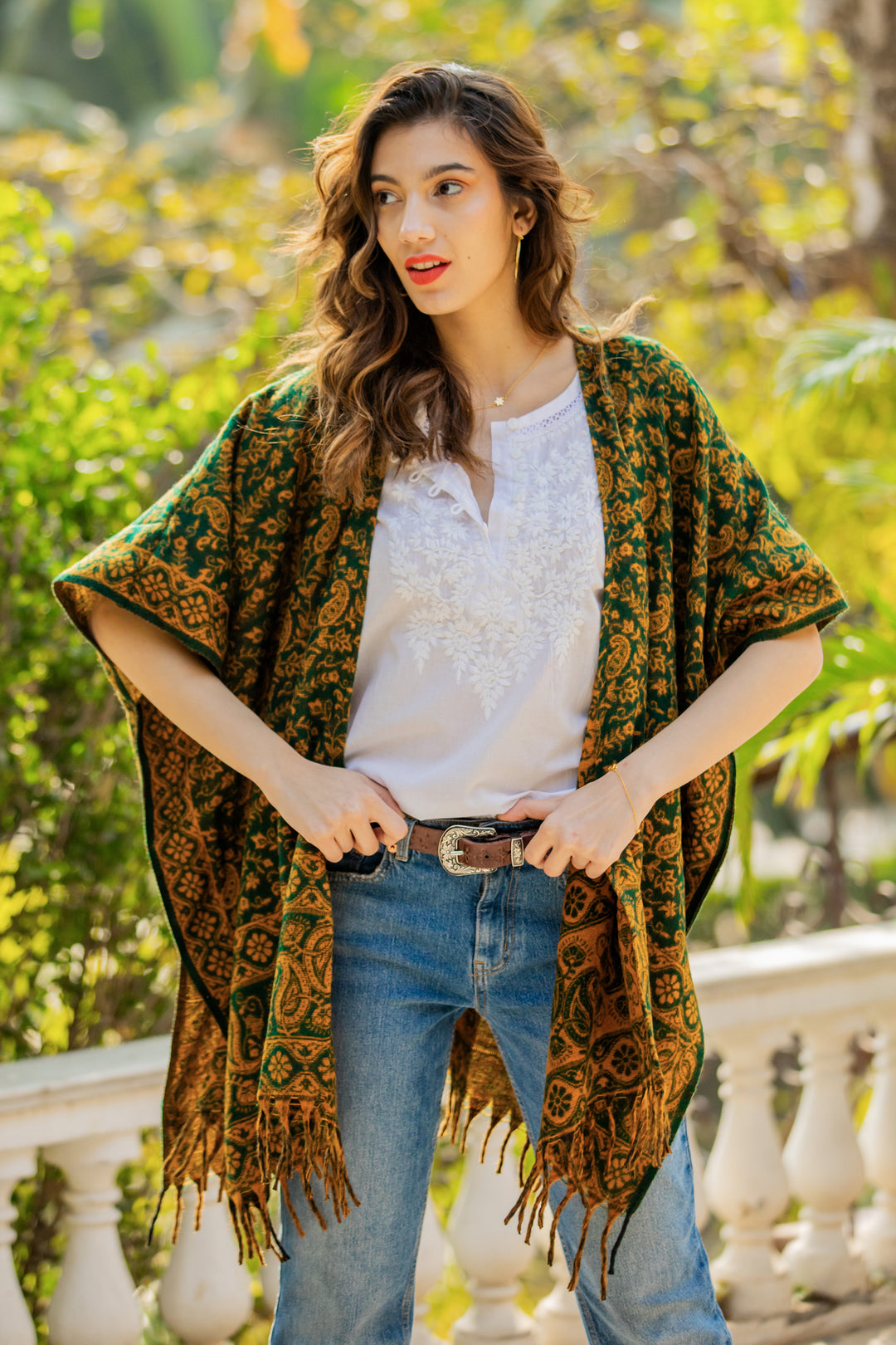 Yellow and Green Open Front Fringed Floral Ruana - Into the Green