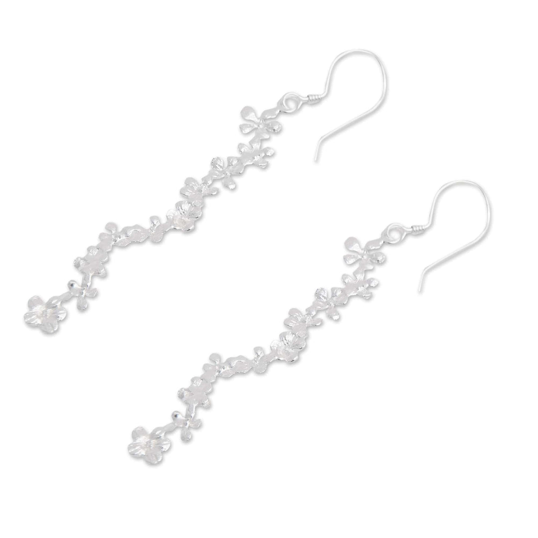 Brushed-Satin Finish Floral Sterling Silver Dangle Earrings - Holy Spring