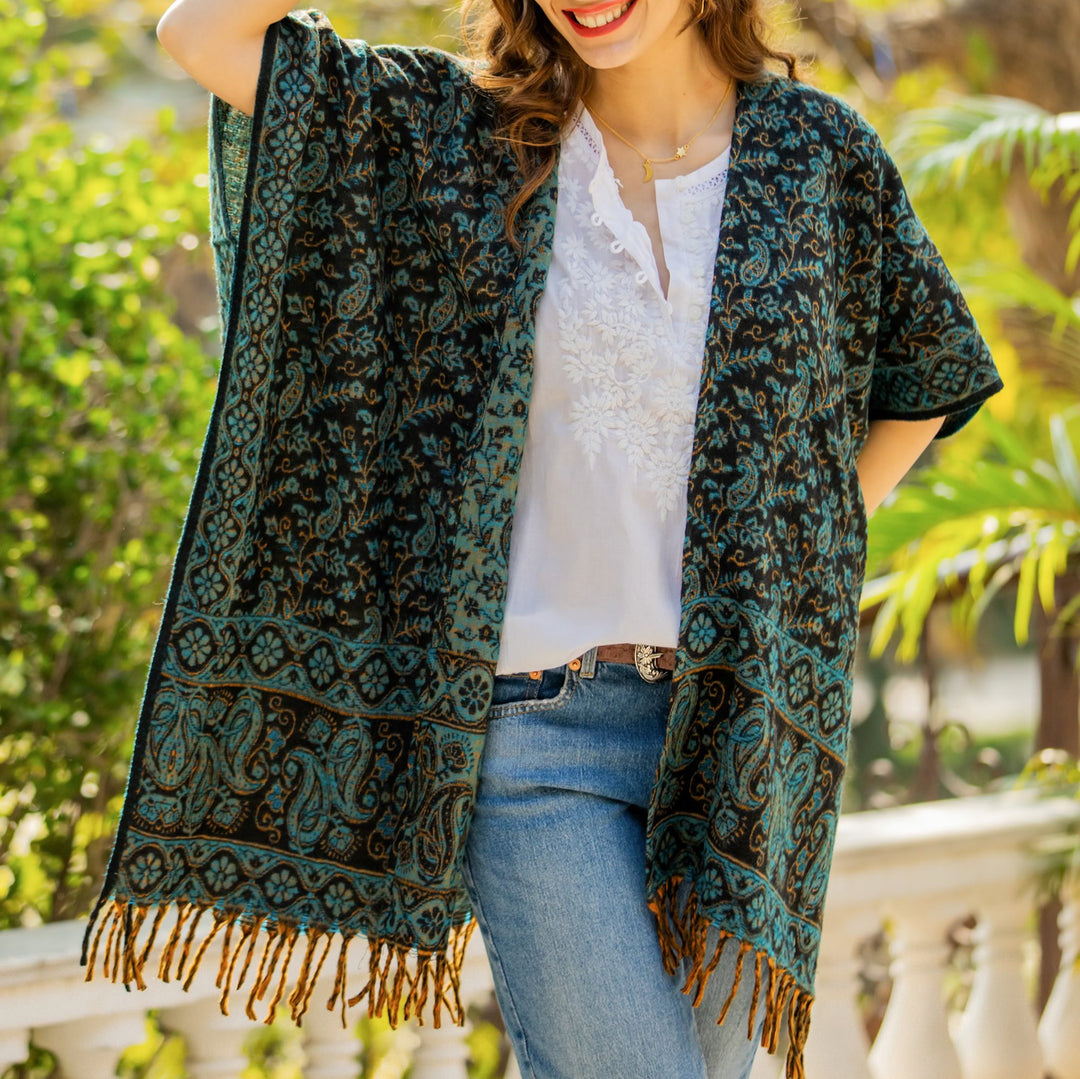 Paisley Floral Leaf-Themed Open Front Fringed Ruana - Paisley Garden