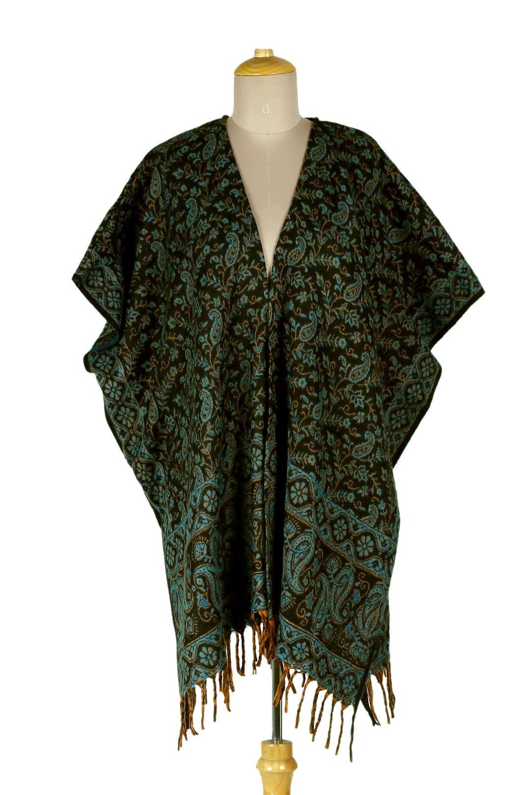 Paisley Floral Leaf-Themed Open Front Fringed Ruana - Paisley Garden