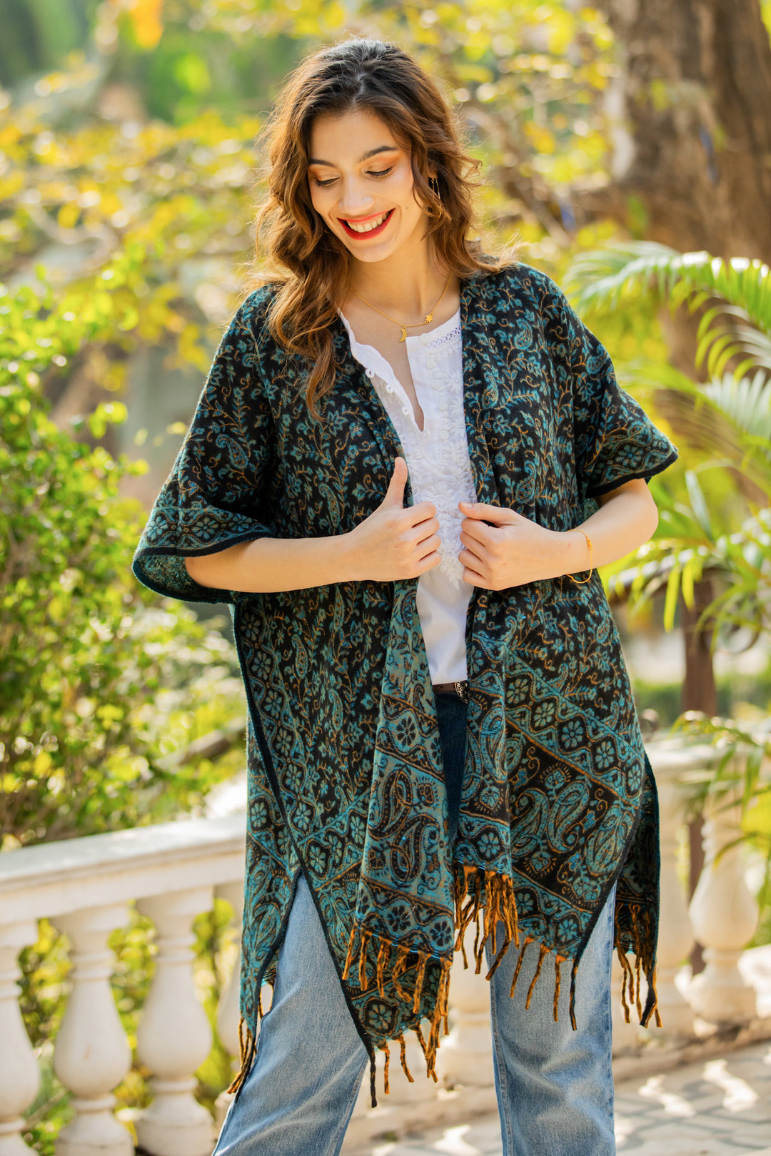 Paisley Floral Leaf-Themed Open Front Fringed Ruana - Paisley Garden