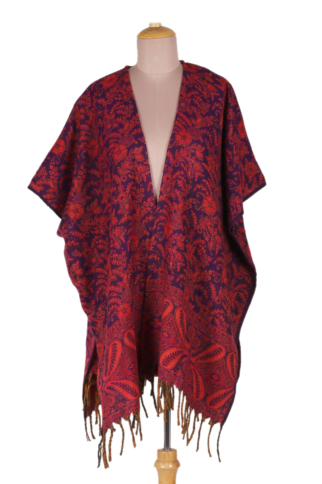 Red and Purple Open Front Fringed Ruana - Red Floral