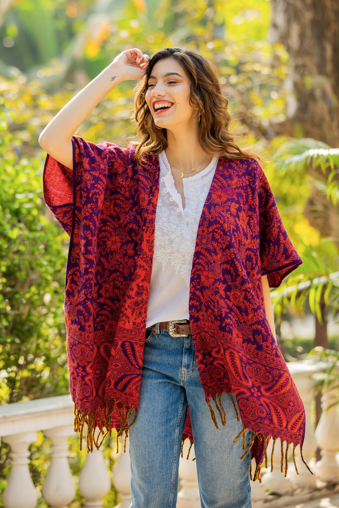 Red and Purple Open Front Fringed Ruana - Red Floral