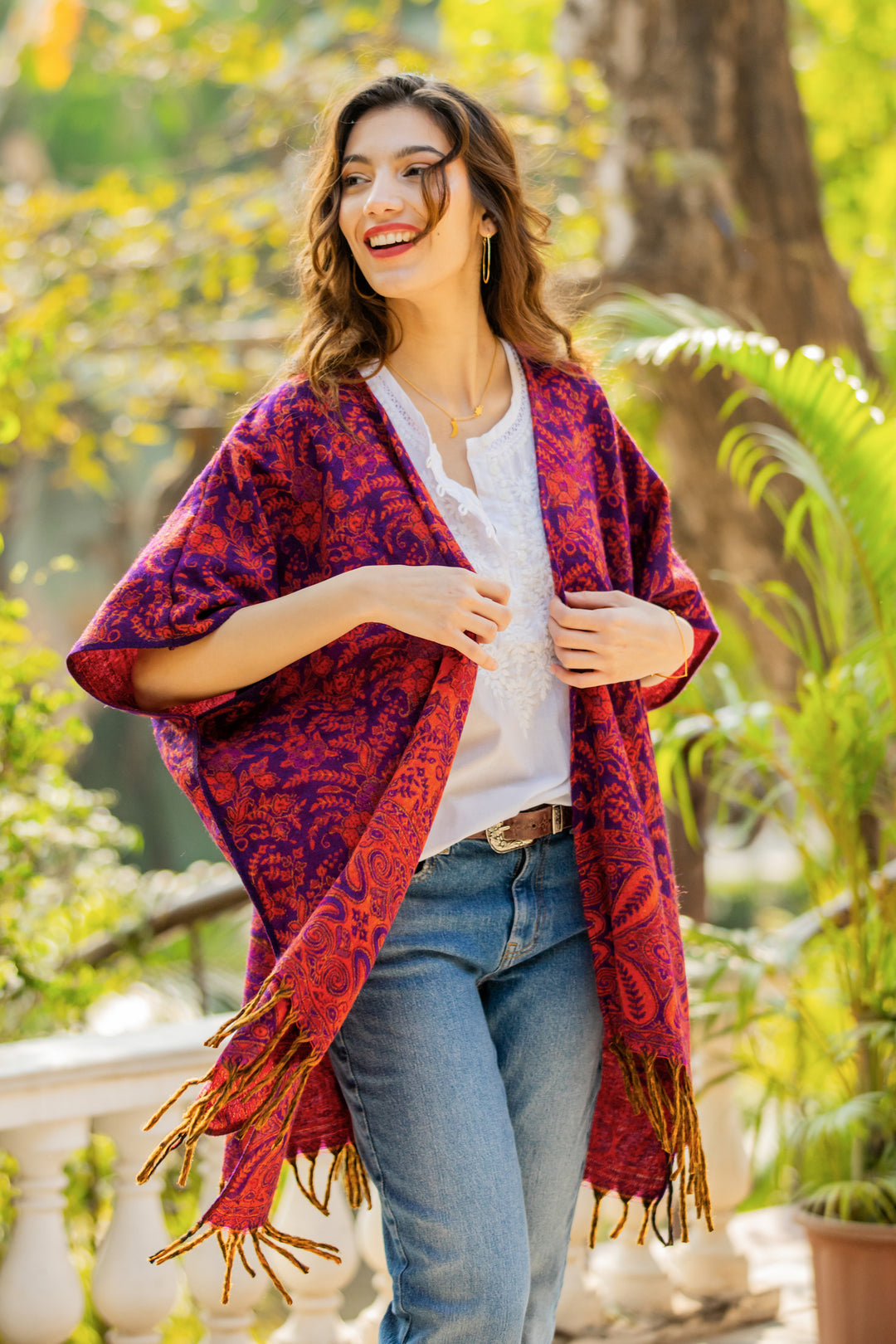 Red and Purple Open Front Fringed Ruana - Red Floral