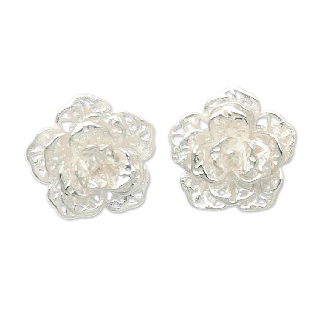 Polished Floral Sterling Silver Button Earrings - Wintry Rose