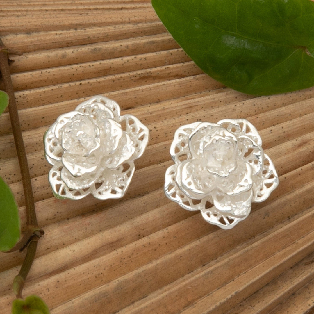 Polished Floral Sterling Silver Button Earrings - Wintry Rose