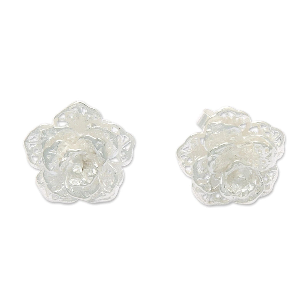 Polished Floral Sterling Silver Button Earrings - Wintry Rose
