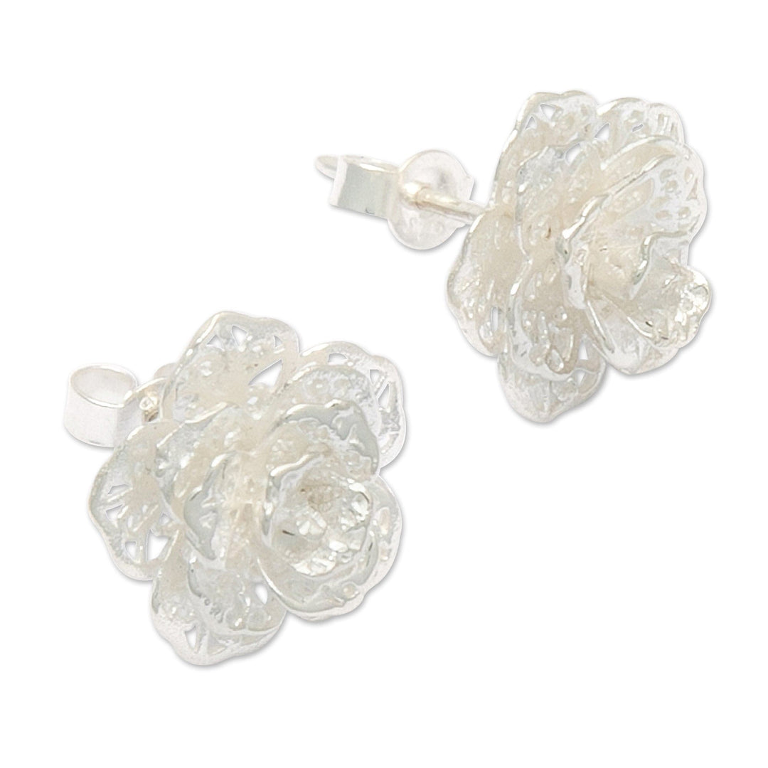 Polished Floral Sterling Silver Button Earrings - Wintry Rose