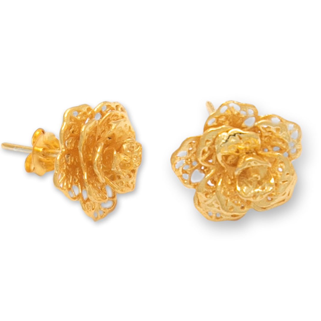 Polished Floral 18k Gold-Plated Button Earrings - Summery Rose