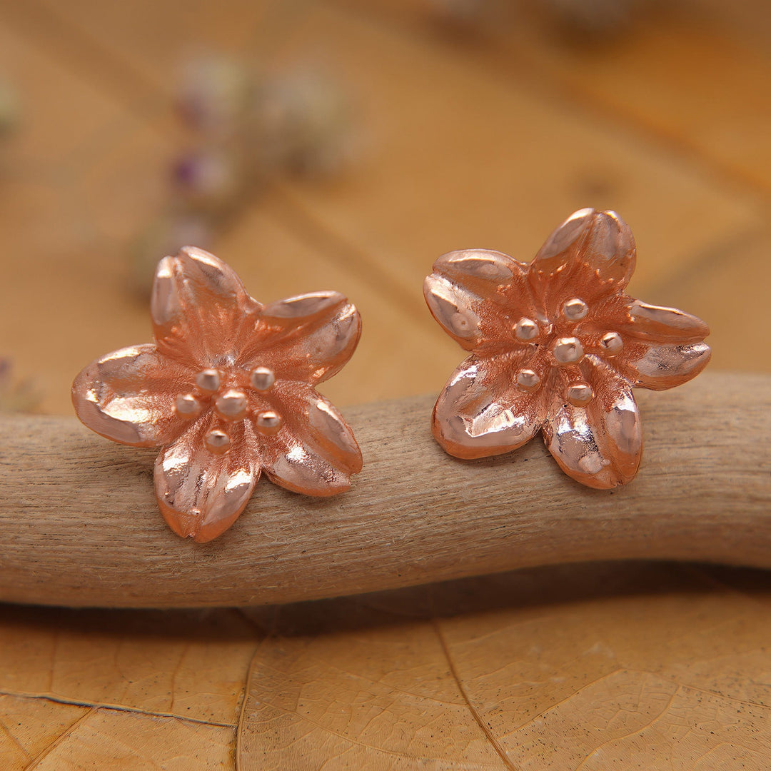 18k Rose Gold-Plated Floral Sterling Silver Button Earrings - Spring Frangipani