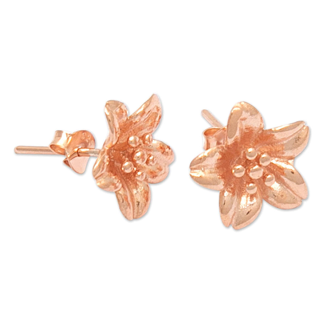 18k Rose Gold-Plated Floral Sterling Silver Button Earrings - Spring Frangipani