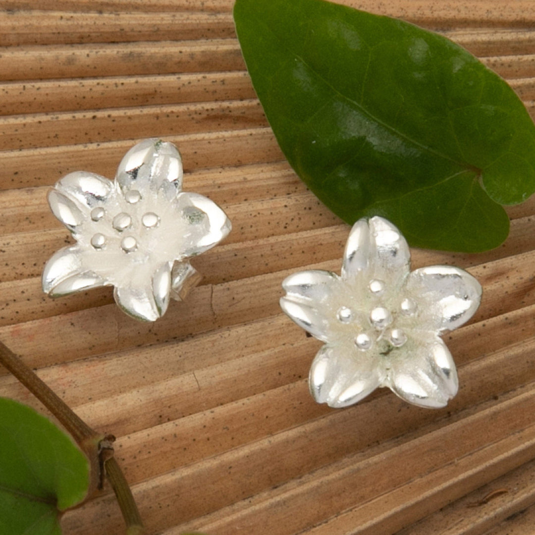 High-Polished Floral Sterling Silver Button Earrings - Winter Frangipani