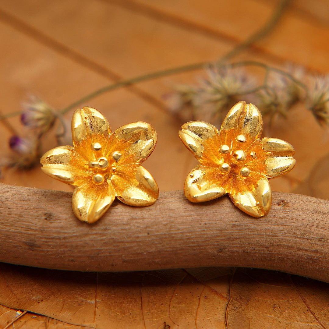 18k Gold-Plated Floral Sterling Silver Button Earrings - Summery Frangipani