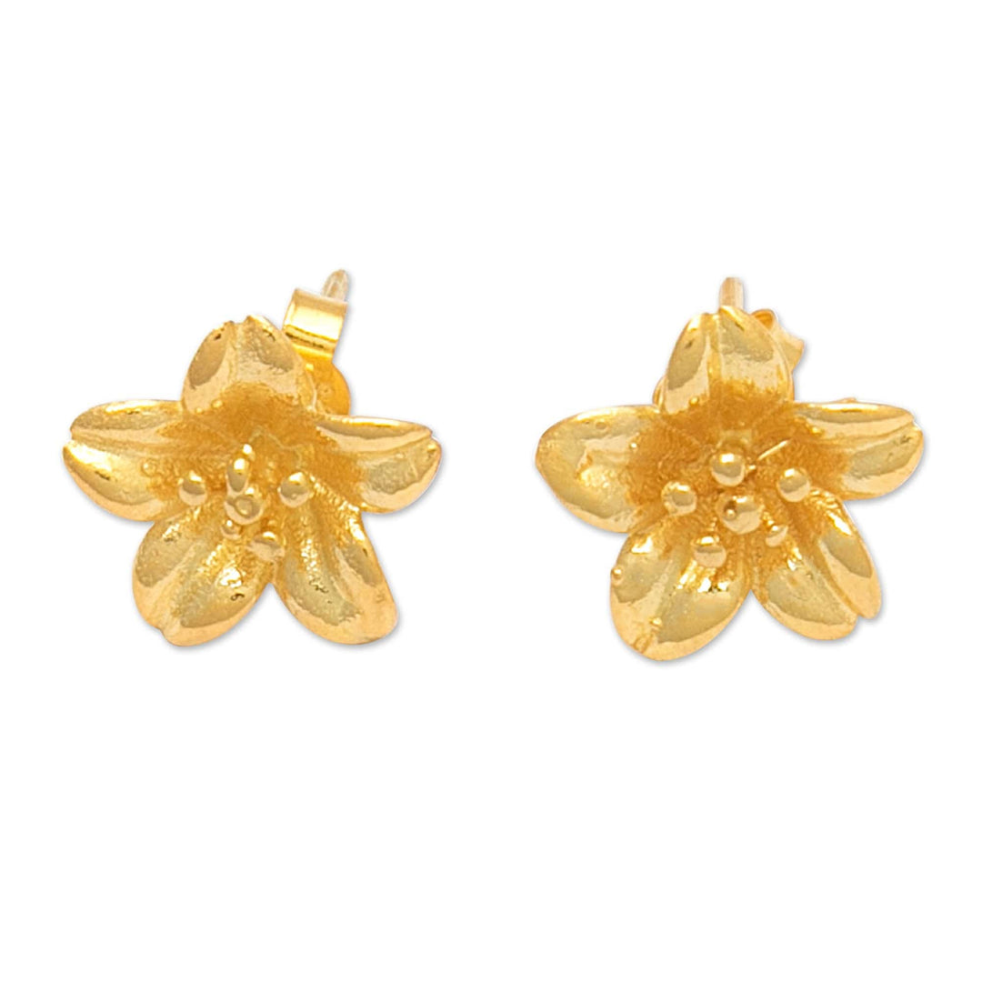 18k Gold-Plated Floral Sterling Silver Button Earrings - Summery Frangipani