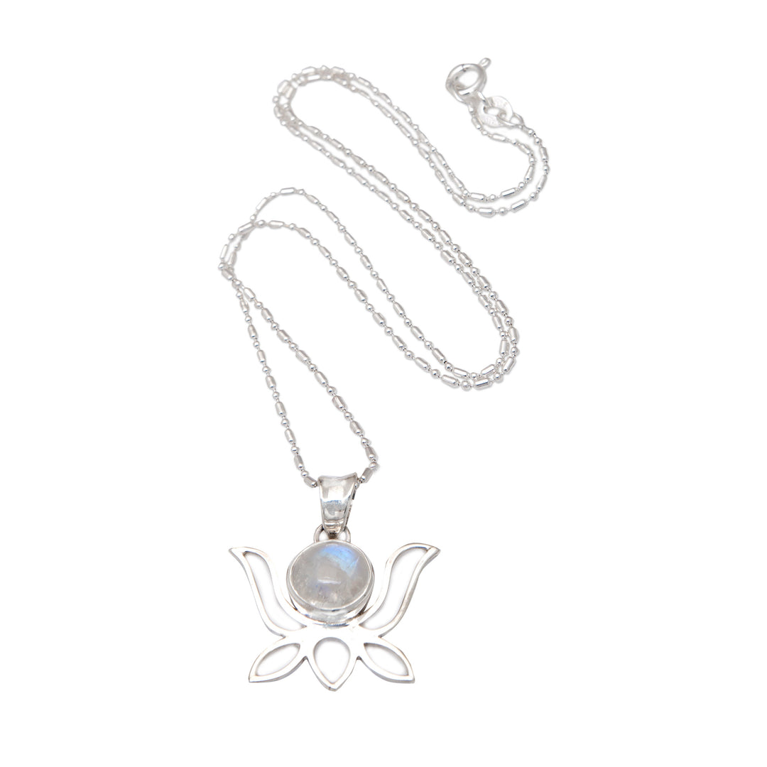 Polished Lotus-Shaped Rainbow Moonstone Pendant Necklace - Heaven Lotus