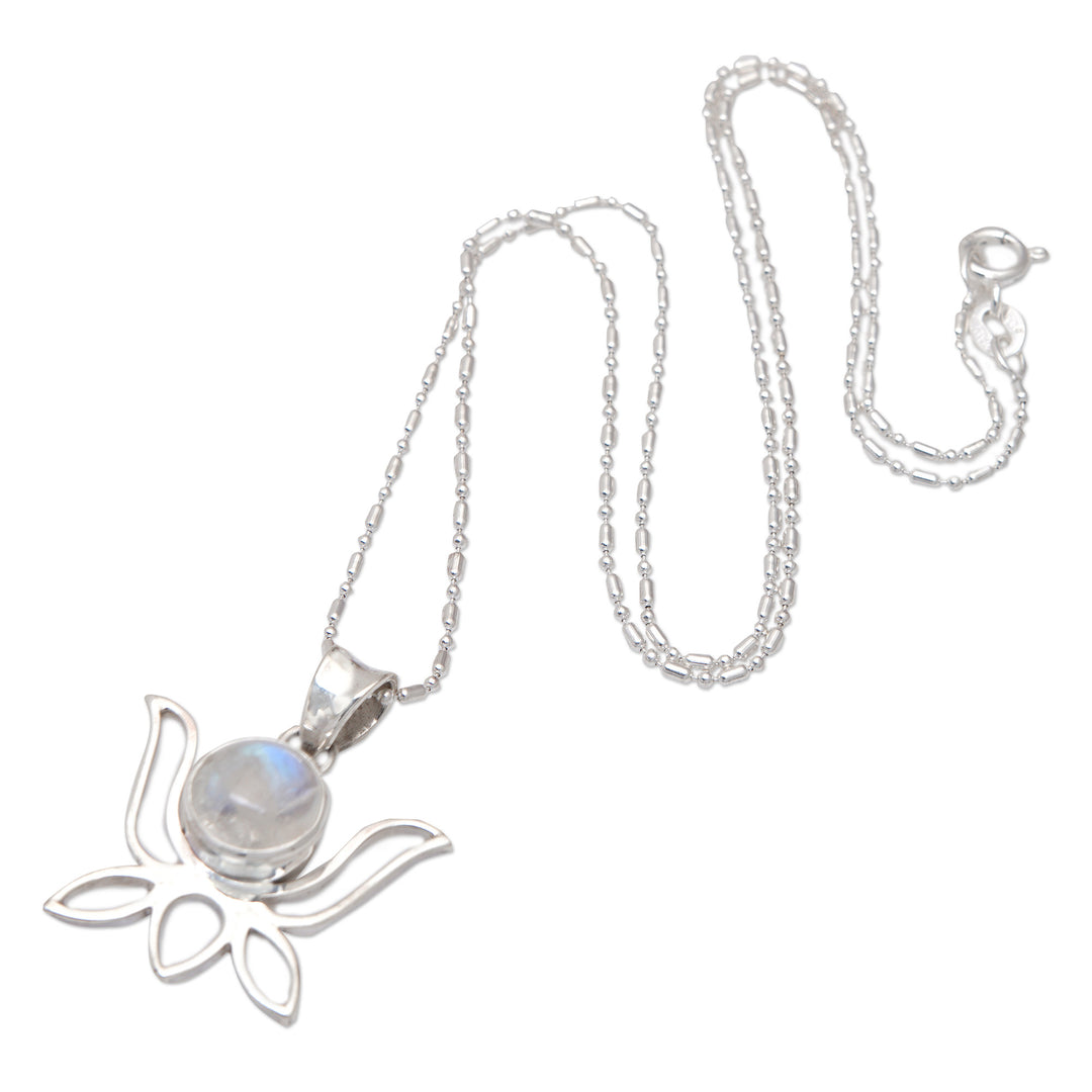 Polished Lotus-Shaped Rainbow Moonstone Pendant Necklace - Heaven Lotus