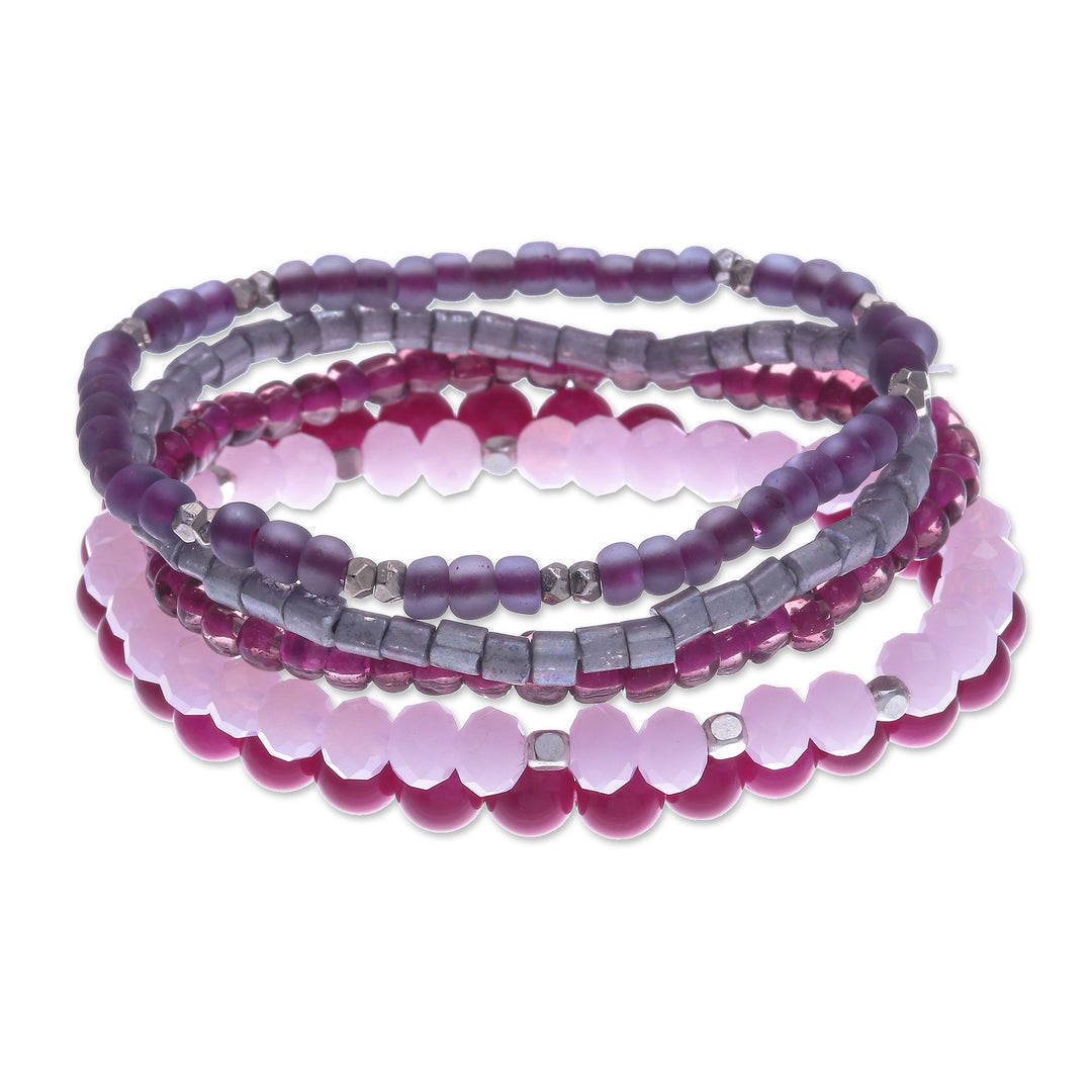 Set of 5 Fuchsia Glass and Brass Beaded Stretch Bracelets - Fancy Dream in Fuchsia