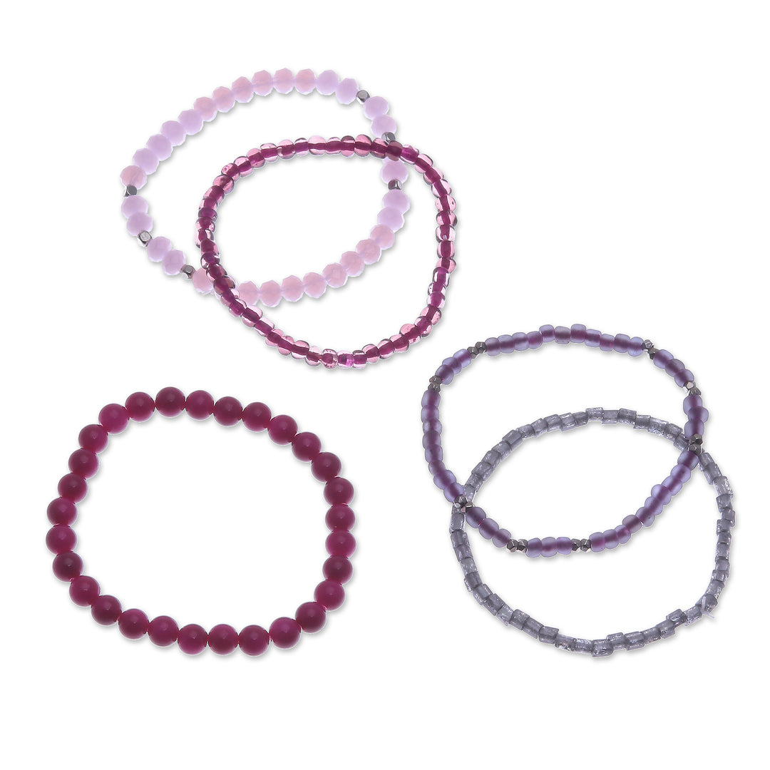 Set of 5 Fuchsia Glass and Brass Beaded Stretch Bracelets - Fancy Dream in Fuchsia