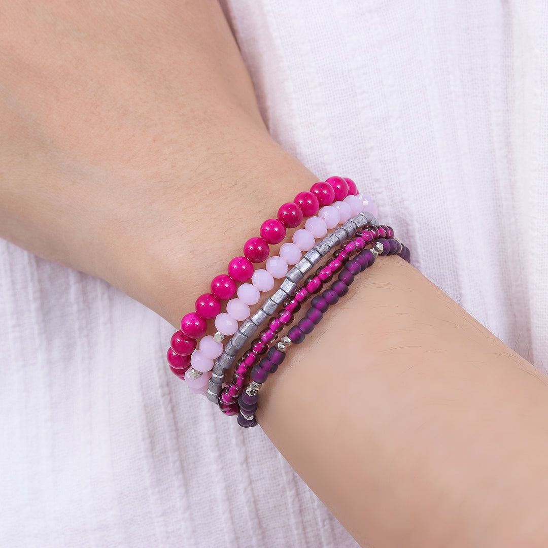 Set of 5 Fuchsia Glass and Brass Beaded Stretch Bracelets - Fancy Dream in Fuchsia
