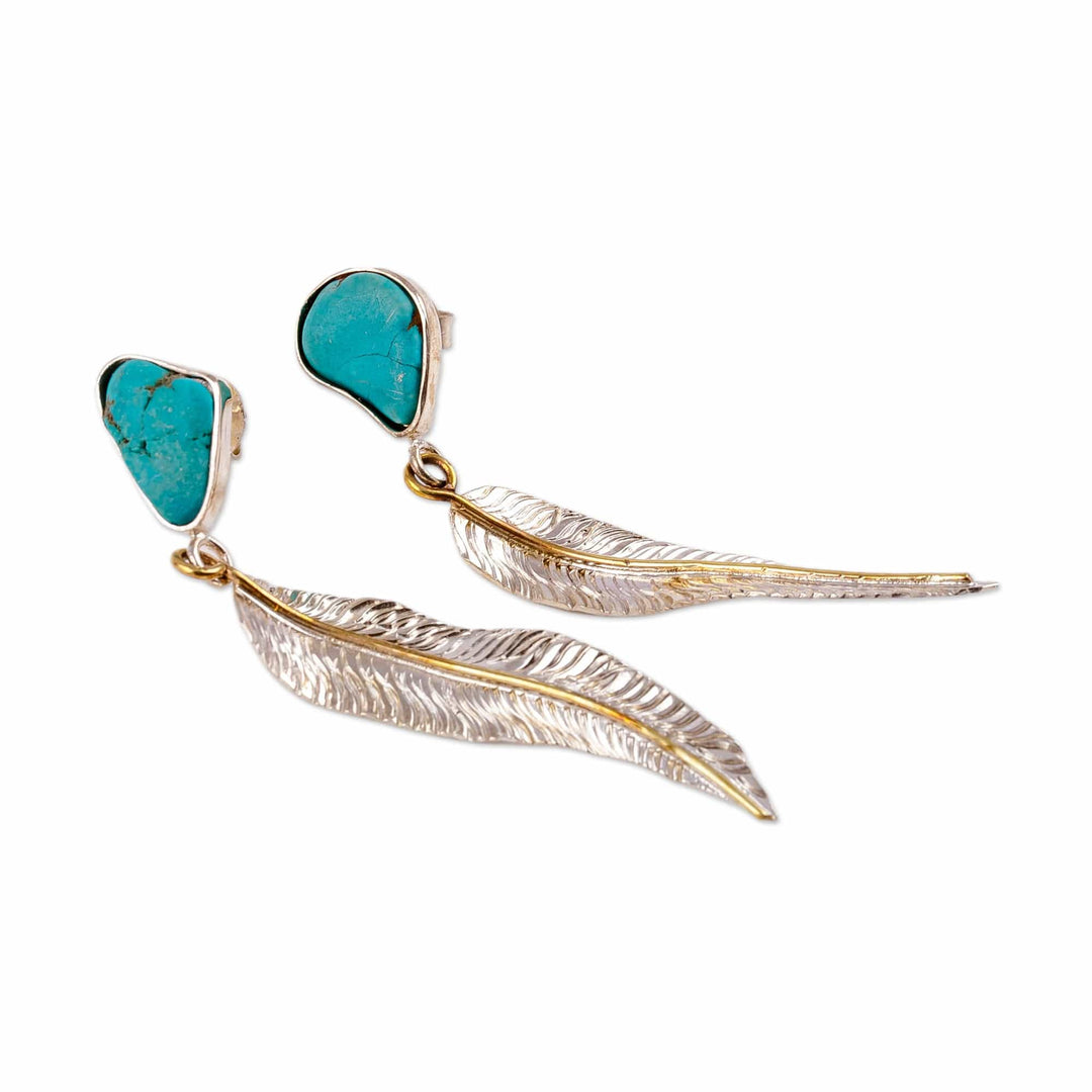 Polished Feather-Themed Natural Turquoise Dangle Earrings - Freedom Feathers
