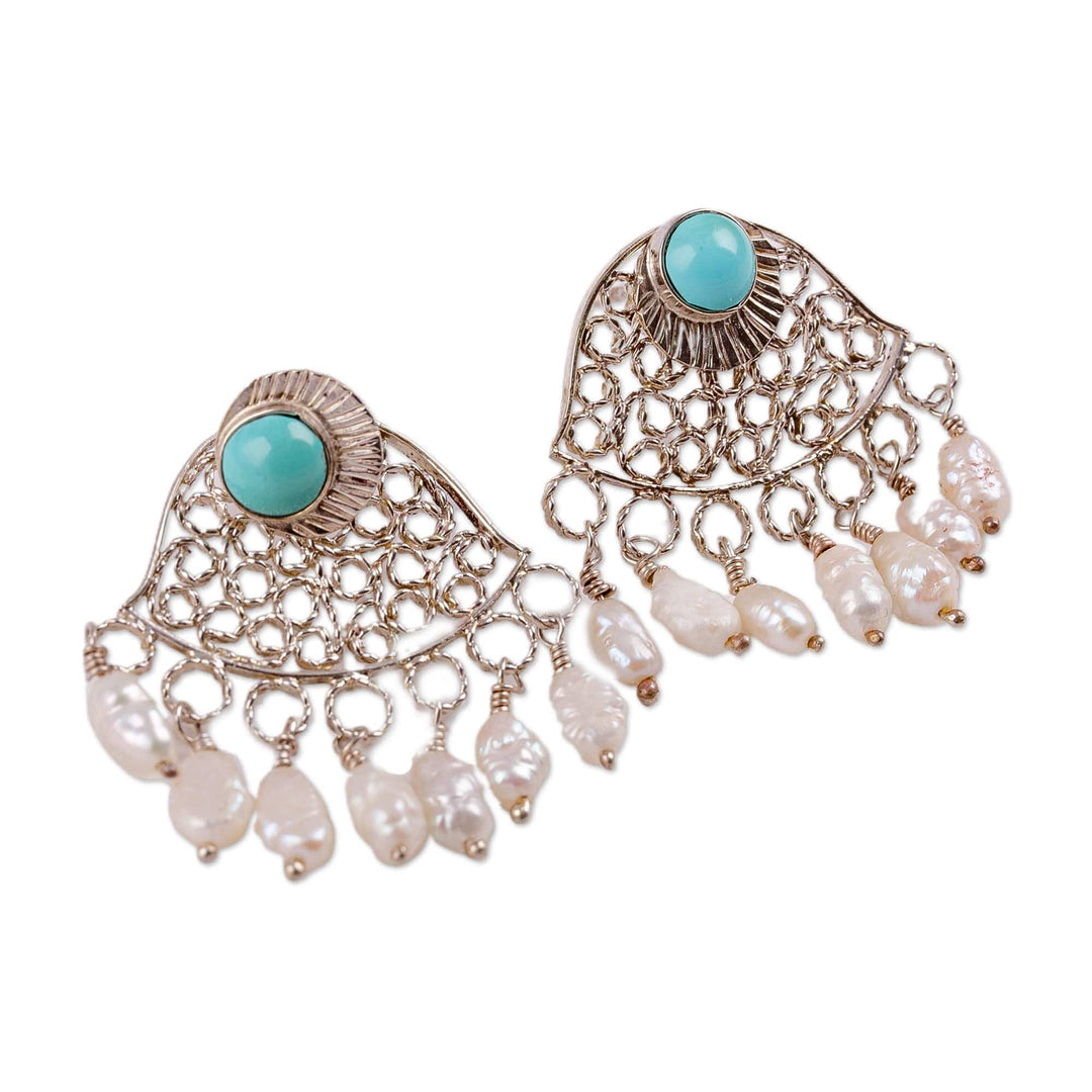 Pearl and Recon Turquoise Filigree Chandelier Earrings - Islander Elysium