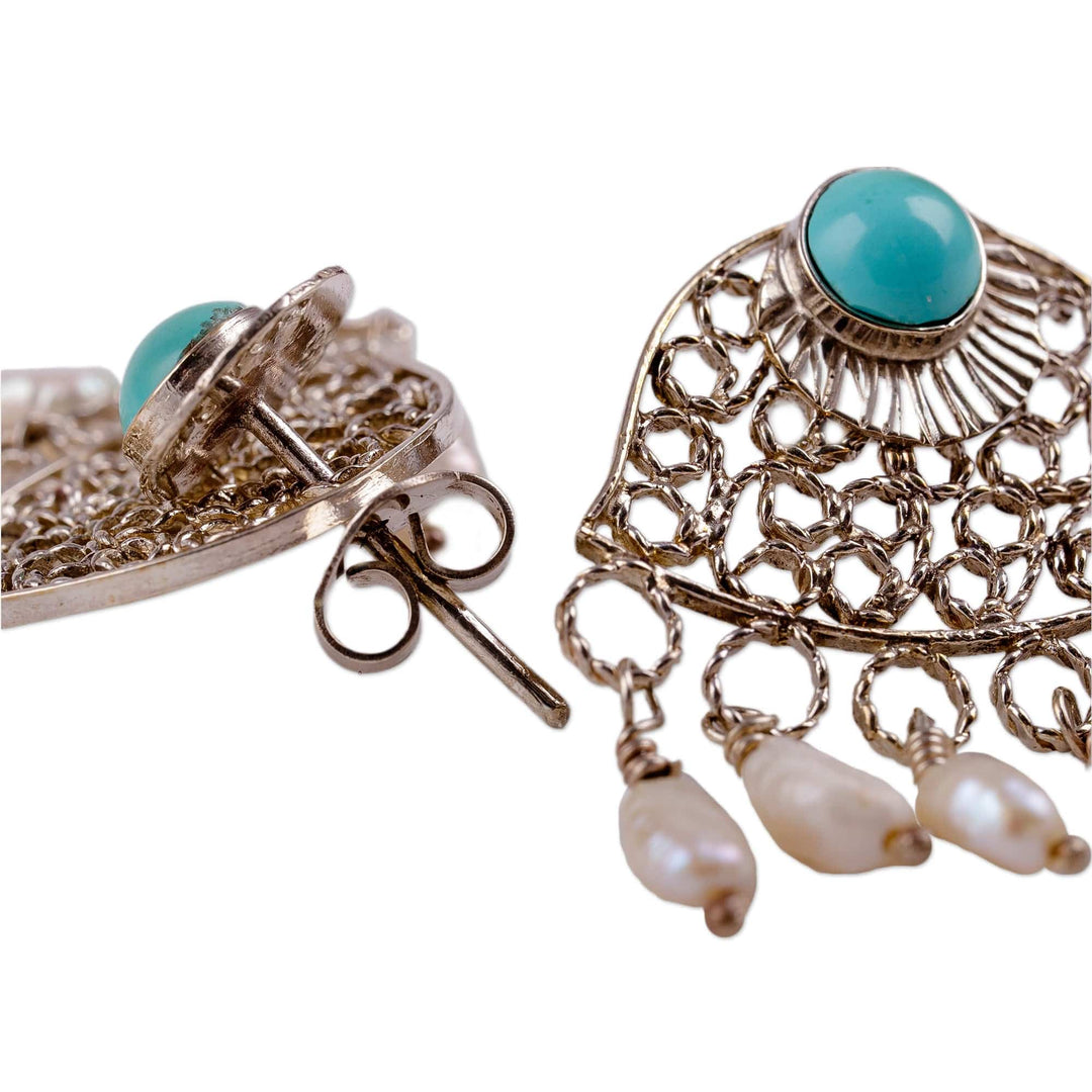 Pearl and Recon Turquoise Filigree Chandelier Earrings - Islander Elysium