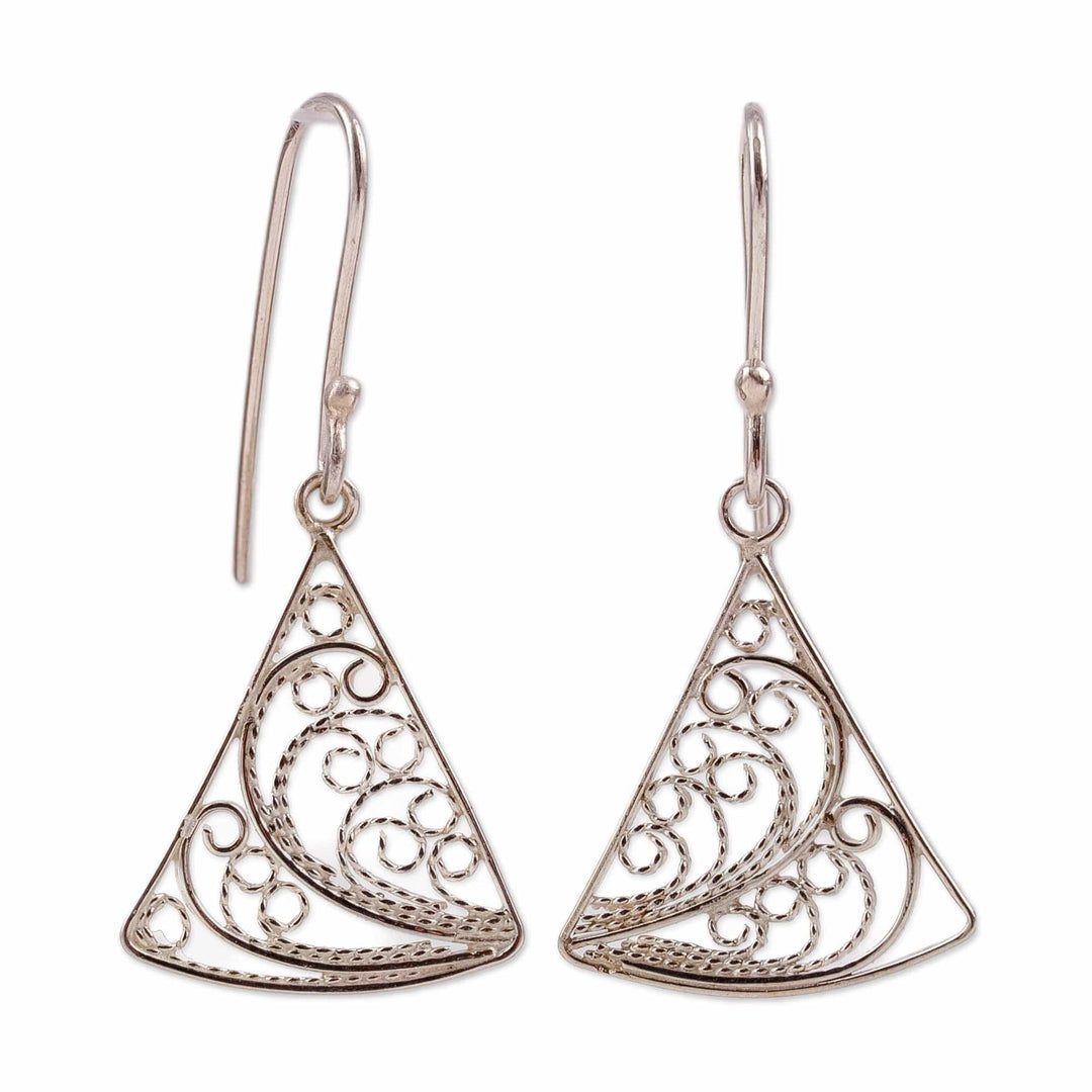 Polished Triangular Sterling Silver Filigree Dangle Earrings - Fairy Flight
