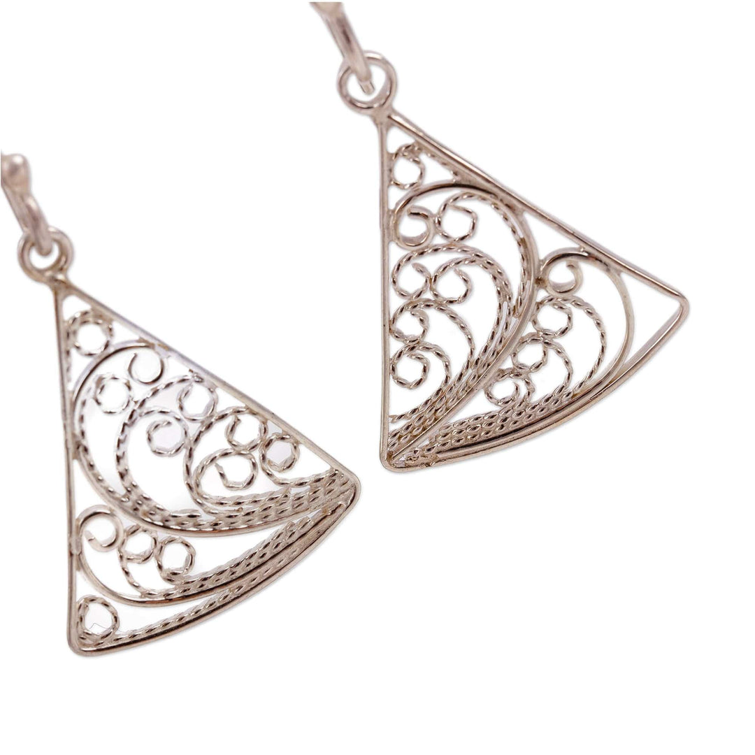 Polished Triangular Sterling Silver Filigree Dangle Earrings - Fairy Flight