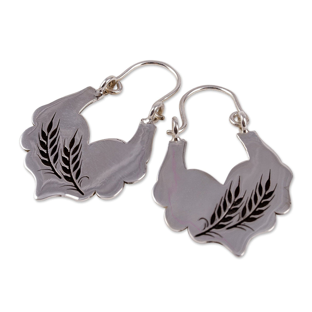 Polished Sterling Silver Hoop Earrings with Wheat Motifs - Memories of Abundance