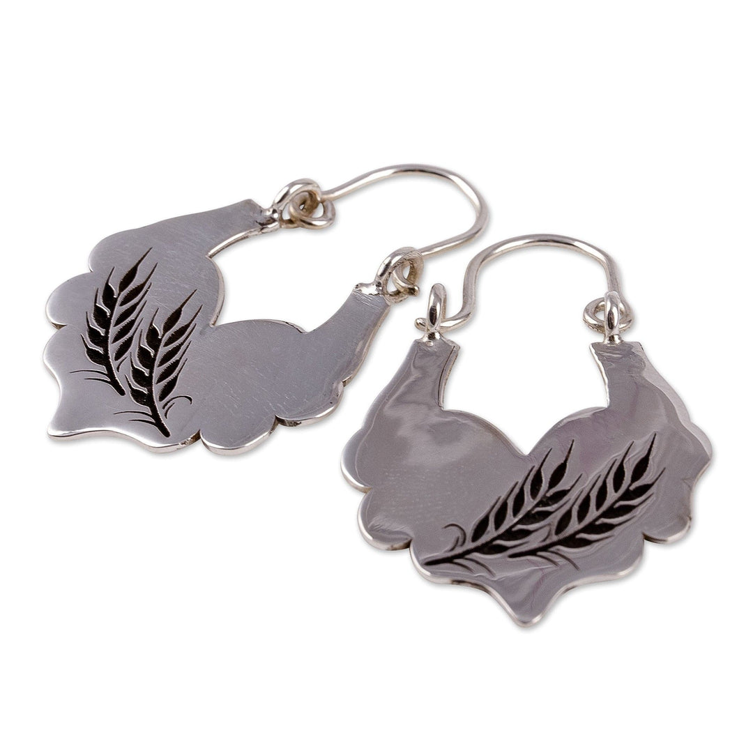 Polished Sterling Silver Hoop Earrings with Wheat Motifs - Memories of Abundance