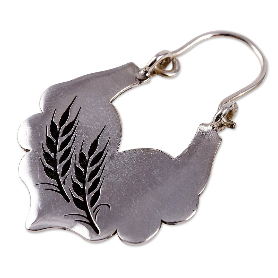 Polished Sterling Silver Hoop Earrings with Wheat Motifs - Memories of Abundance