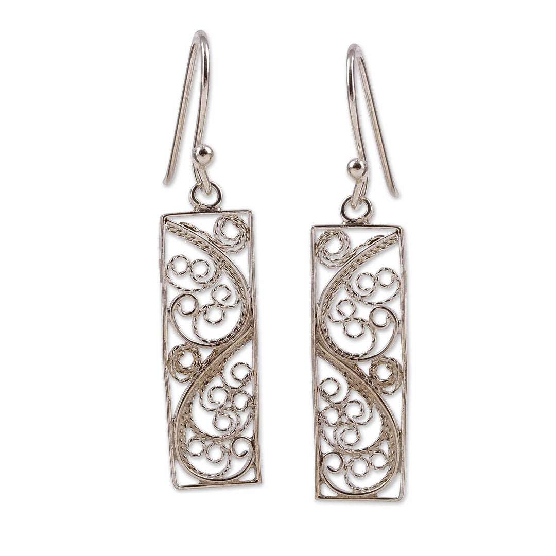 Polished Rectangle Sterling Silver Filigree Dangle Earrings - Enchanted Portals