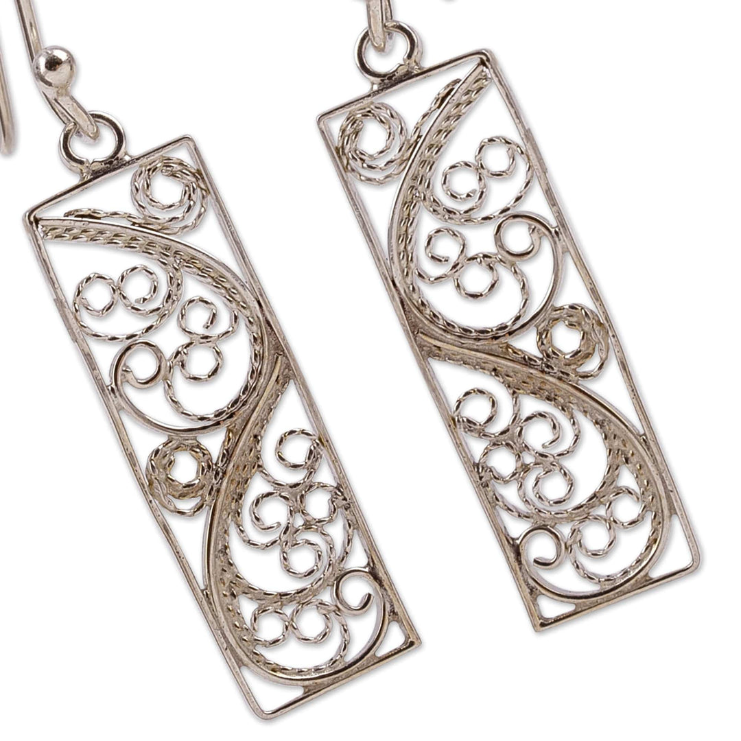 Polished Rectangle Sterling Silver Filigree Dangle Earrings - Enchanted Portals