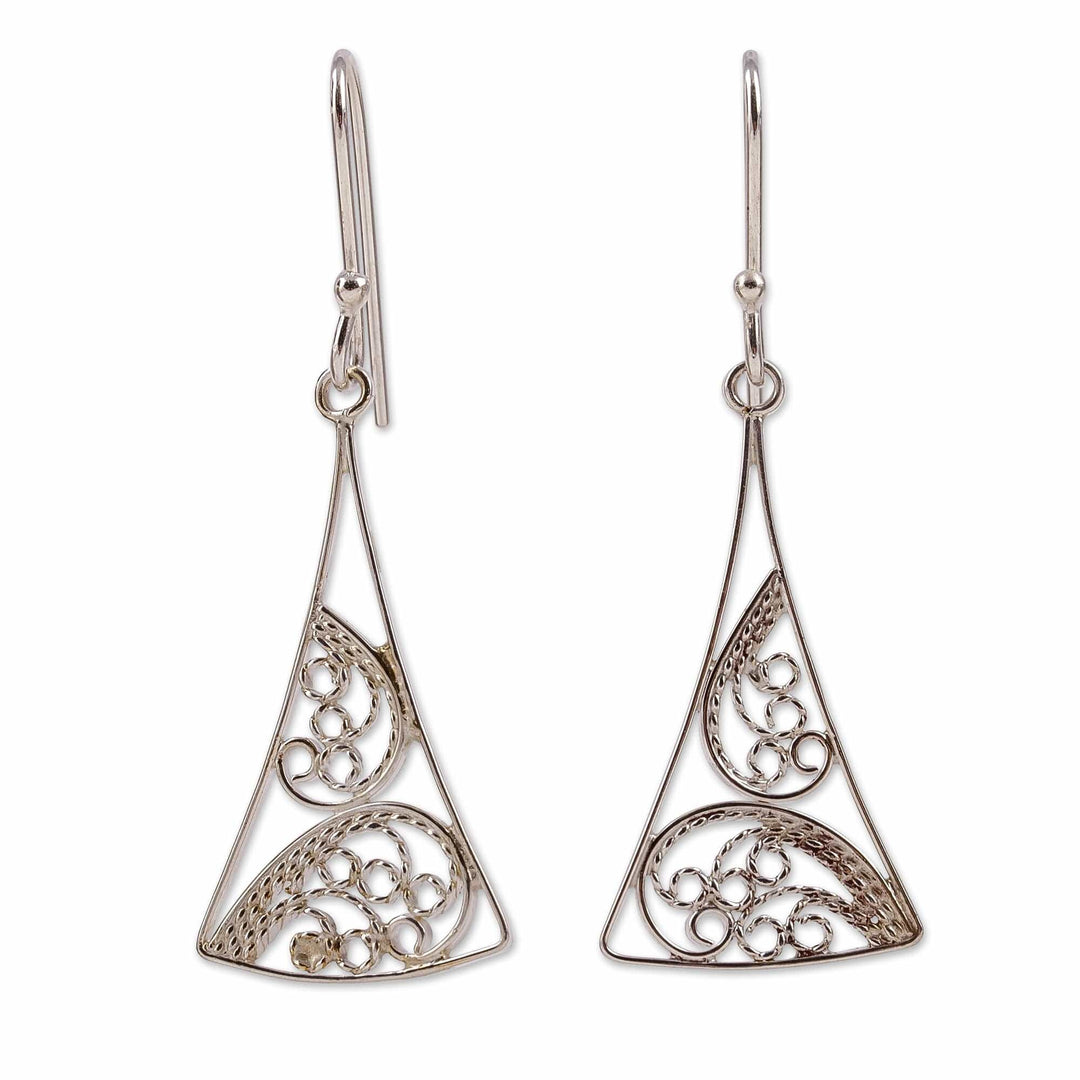 Classic Triangular Sterling Silver Filigree Dangle Earrings - Fairy Flutter