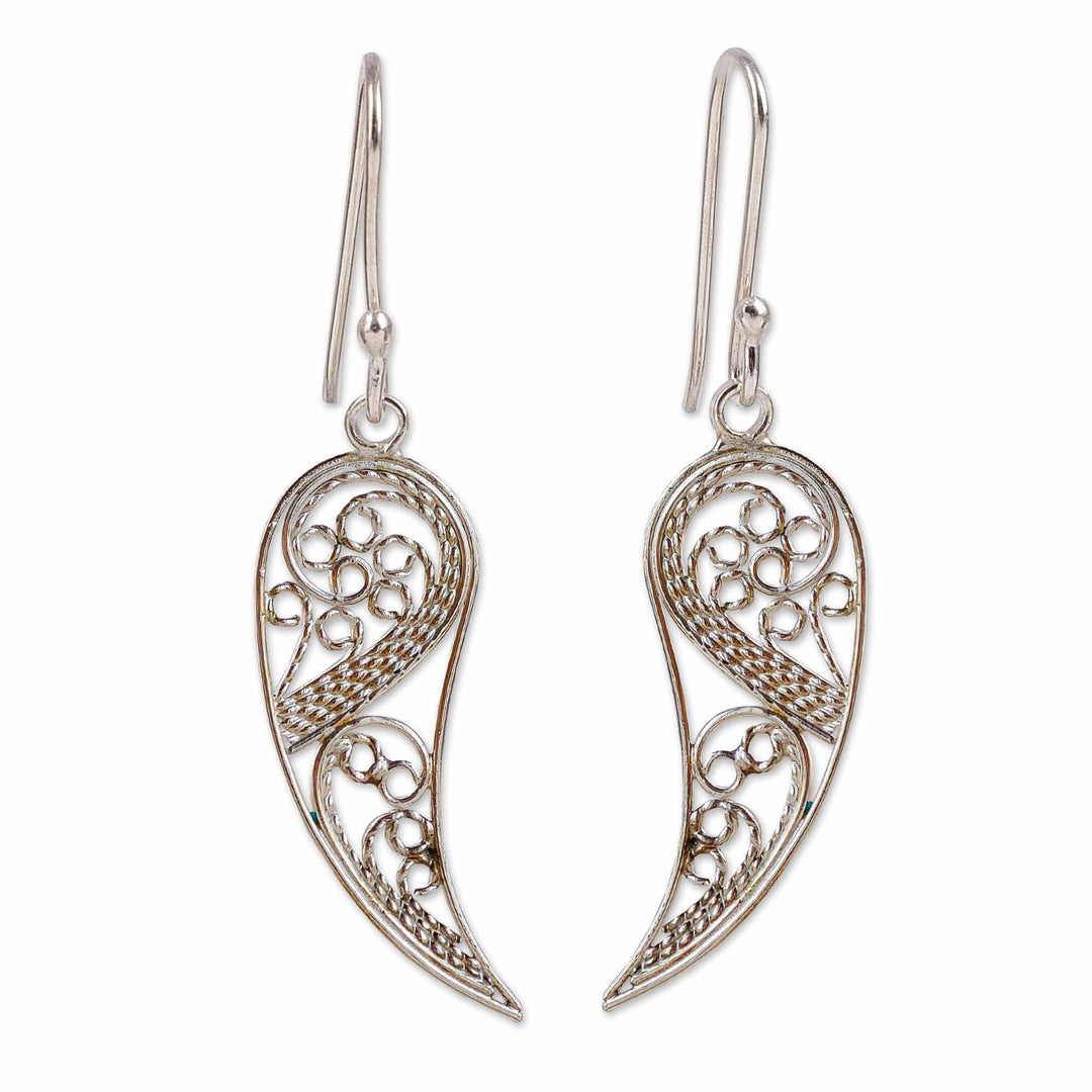 Polished Paisley Sterling Silver Filigree Dangle Earrings - Fairy Elegance