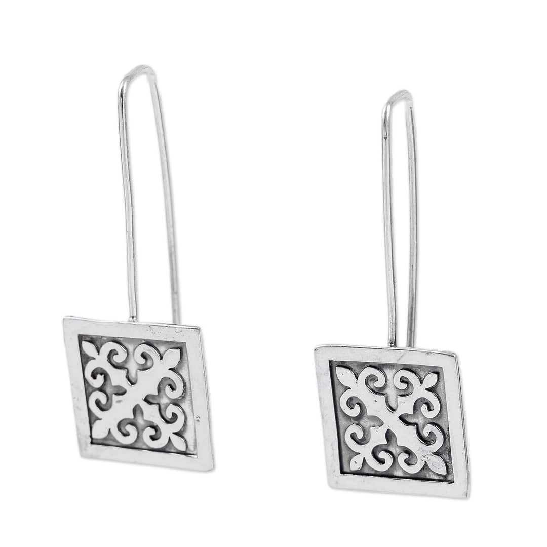 Polished Traditional Square Sterling Silver Drop Earrings - Palatial Fragments