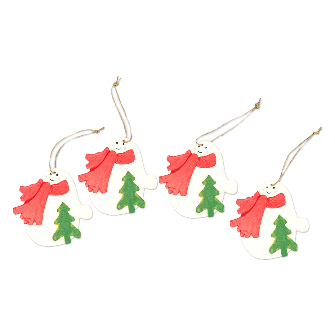 Set of 4 Hand-Painted Wood Snowmen Ornaments from Bali - Christmas Snowmen