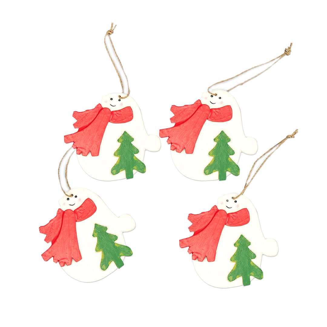 Set of 4 Hand-Painted Wood Snowmen Ornaments from Bali - Christmas Snowmen