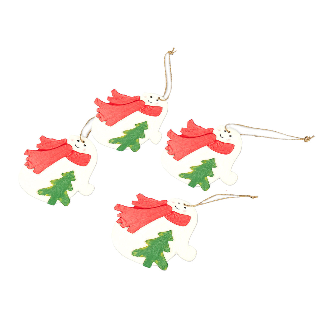 Set of 4 Hand-Painted Wood Snowmen Ornaments from Bali - Christmas Snowmen