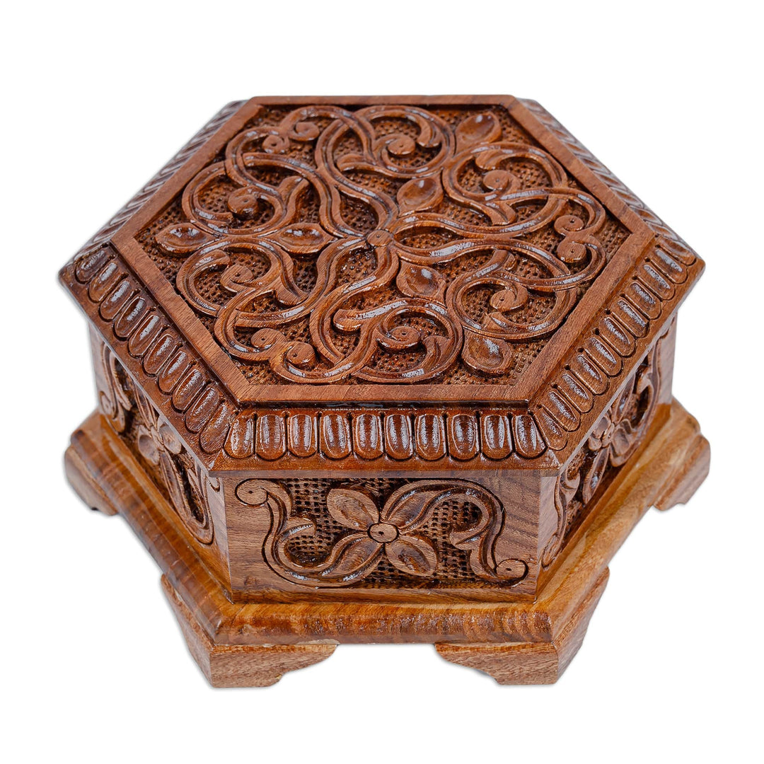 Hand-Carved Hexagonal Wood Floral and Leaf Jewelry Box - Opulent Hexagon