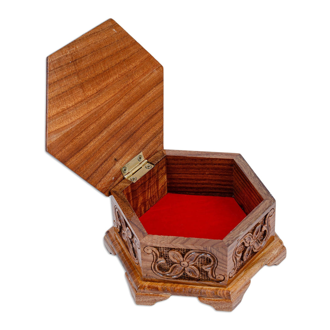 Hand-Carved Hexagonal Wood Floral and Leaf Jewelry Box - Opulent Hexagon