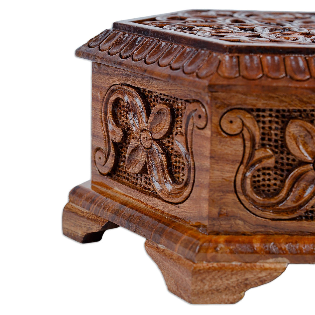 Hand-Carved Hexagonal Wood Floral and Leaf Jewelry Box - Opulent Hexagon
