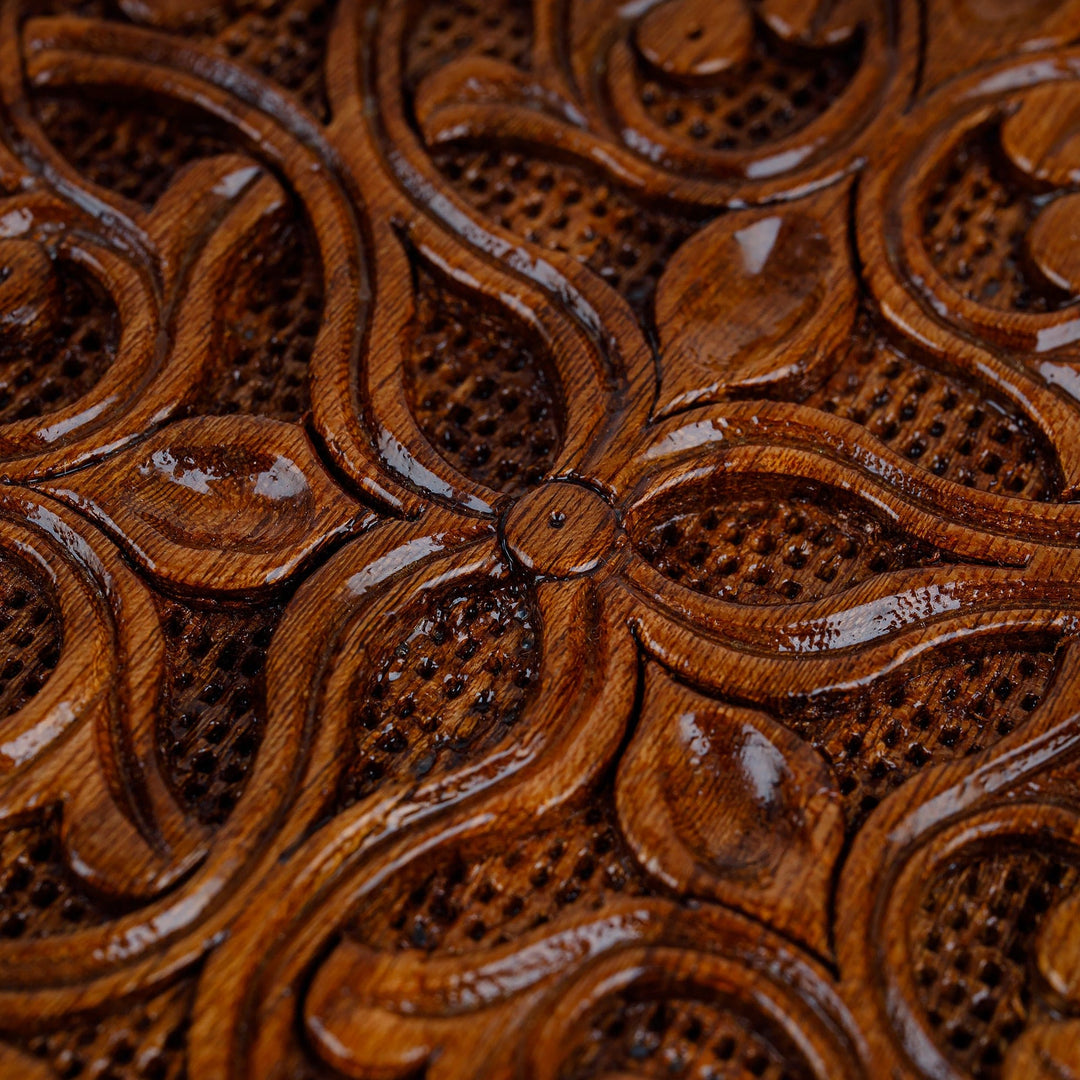 Hand-Carved Hexagonal Wood Floral and Leaf Jewelry Box - Opulent Hexagon