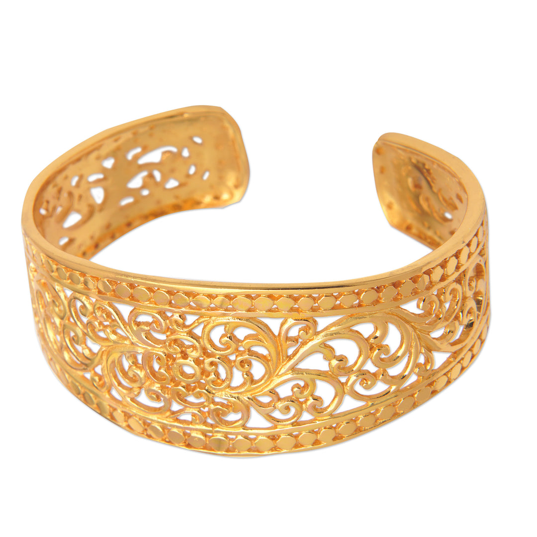 Vine-Themed 22k Gold-Plated Filigree Cuff Bracelet - Pure Grandeur