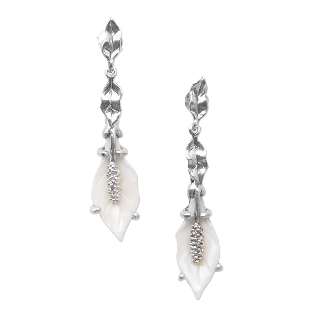 Polished Lily-Themed Sterling Silver Dangle Earrings - Lily of Peace
