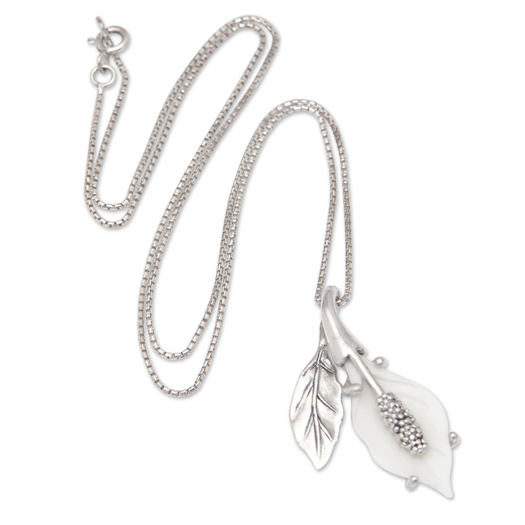 Polished Lily-Themed Sterling Silver Pendant Necklace - Lily of Peace